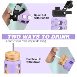 MUKOKO Glass Water Bottles, 32oz Glass Tumbler with Straw, Drinking Bottles with 2 Lids-Handle Spout Lid&Bamboo Straw Lid, Motivational Water Bottle with Time Marker and Silicone Sleeve, 1 Pack-Purple