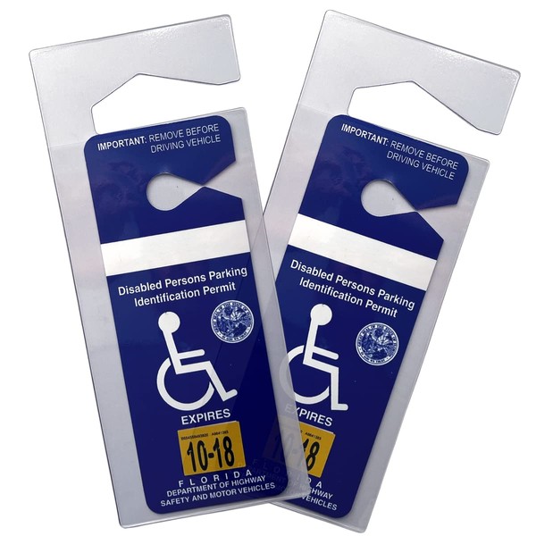 2 Pack - Clear Handicap Parking Placard Protective Holder - Rear View Mirror Disability Permit Hanger - Hard Flexible Plastic Construction - by Specialist ID