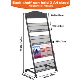 Baoz Magazine Rack Floor-Standing 4-Layer, Brochure Display Stand, Detachable Magazine Display with Wheels, High-hardness Metal Magazine Holder for Exhibitions, Office, Shopping Malls