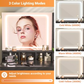 Small Vanity Desk, Vanity Desk with Mirror and Lights, Makeup Vanity Desks with Power Strip, Vanity Table with Drawers and Shelves, Adjustable Lighting, Dressing Table for Bedroom Room, Black