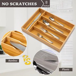 PrimeNex Bamboo Cutlery Drawer Organizer, Kitchen Utensil Organizer with Dividers for Flatware, Silverware Knives in Kitchen, Bedroom, Living Room (5 Slots)