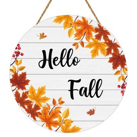 Fall Door Decor Maple Leaf Hanging Sign Wall Decor Hello Fall Sign Wooden Front Door Hanger for Autumn Harvest Farmhouse Porch Indoor Outdoor Home Decorations