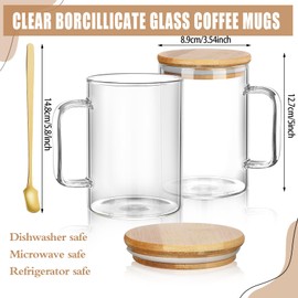 Jingmore 6 Sets 20oz Clear Glass Coffee Mugs Big Glass Mugs with Handles and Lids Large Glass Tea Cups with Wood Lid and Gold Spoon Clear Glass Cup for Latte Espresso Tea Cappuccino Hot Cold Beverages