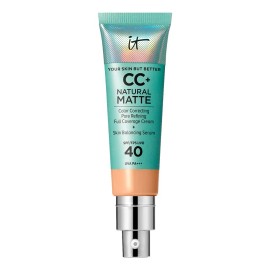 It Cosmetics CC+ Natural Matte - CC Cream Base de Maquillaje 7 en 1 con Protector Solar FPS 40 Cobertura Completa para Piel Grasa, Acabado Mate, Control de Brillo, 32 ml, Medium