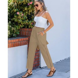 Lasjixion Women Linen Pants Capri Pants Petite Loose Fit Elastic Drawstring Pajama Summer Beach Vacation Pants for Women Coffee