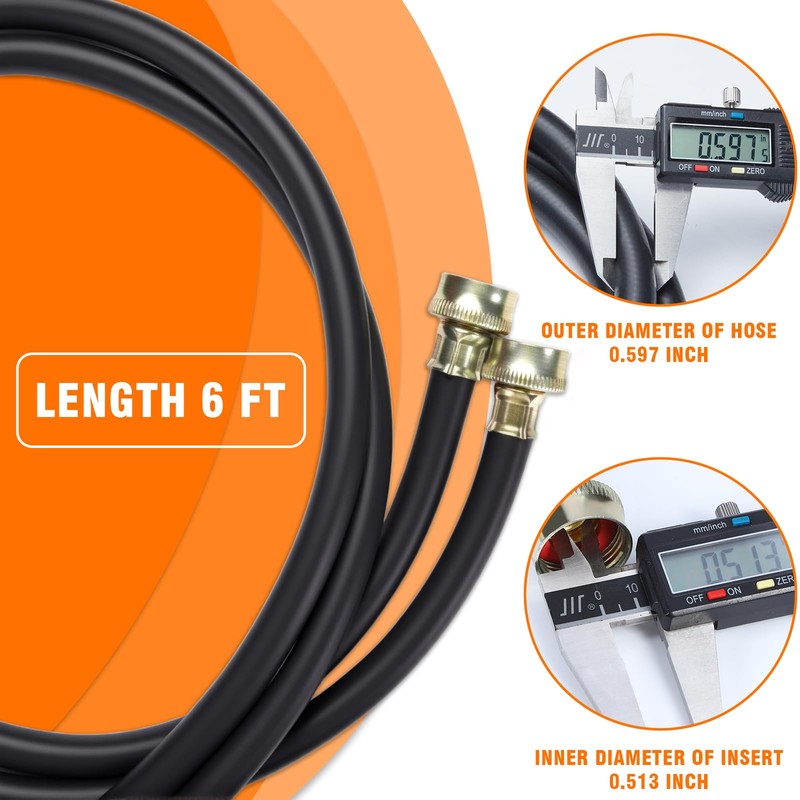 6FT Washing Machine Hoses Black Rubber Hot and Cold Water