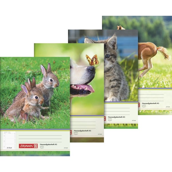 Brunnen 104681502 Homework Book (A5, 24 Sheets, 4 Animal Motifs)
