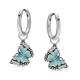 LeCalla 925 Sterling Silver Butterfly Drop Earrings | Cubic Zirconia Green Butterfly Hoop Earrings 25MM | Antique CZ Asymmetrical Earring for Teen