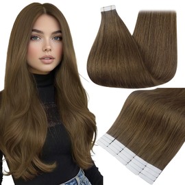 Full Shine Brown Tape in Hair Extensions Human Hair 24 Inch Color 3 Dark Brown Natural Fashion Seamless Human Hair Extensions Tape in 20PCS Invisible Remy Straight Soft and Silky 50 Grams for Party