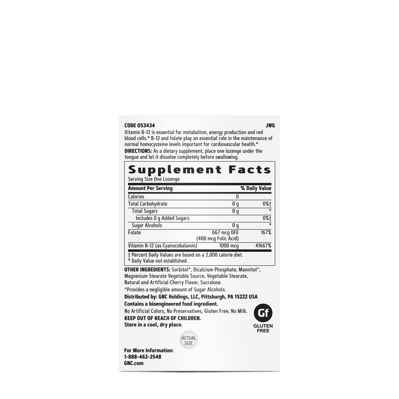 GNC Vitamin B-12 1000mcg, Cherry, Supports Energy Production, 120 Lozenges