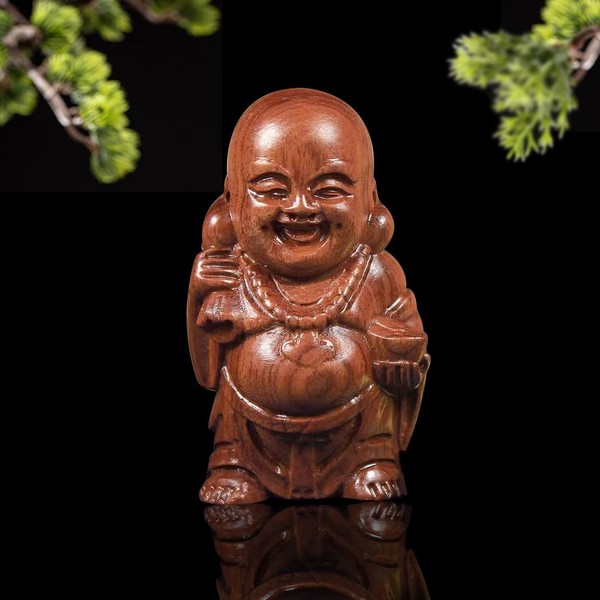 Buddha Statue, Carved Wood, Mini Seven Lucky Gods, Cute, Hotei-san Figurine, Wooden Figurine, Yellow Pear Wood, High Quality Natural Karin Wood, Luck Charm, Charm (Height 2.8 x Width 1.4 x Depth 1.0 inches (7 x 3.5 x 2.5 cm)