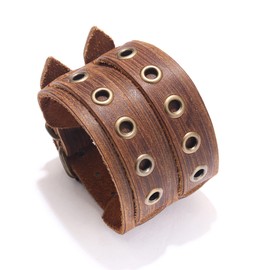 Brown Leather Bracelet Punk Fashion Style Bangle Adjuatable Cuff Charm Double Row Wristband for Women Men