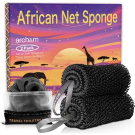 ARCH&M African Net Sponge Authentic - Extra-Long Back Scrubber Quick-Dry Exfoliating Shower Loofah for Women and Men Daily Use Soft Mesh for All Skin Type Travel Bath Accessories Gift (Black x 2)