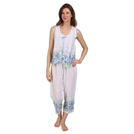 LA CERA Women's Sleeveless Printed 100% Cotton Pajama Set, Ribbon Detail, Button Closure Blue
