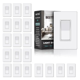 BESTTEN 20 Pack Single Pole Decorator Light Switch with Screwless Wall Plate, Paddle Rocker Wall Switch,15A 120/277V, On/Off Interrupter, UL Listed, White