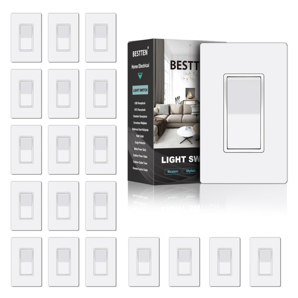 BESTTEN 20 Pack Single Pole Decorator Light Switch with Screwless