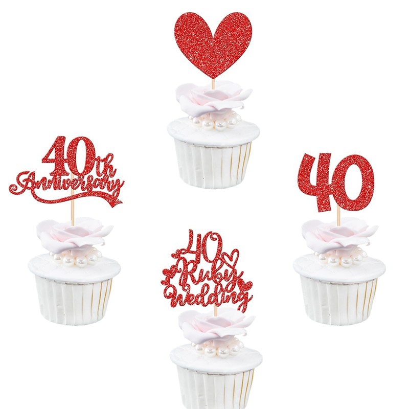 24Pcs 40th Ruby Wedding Anniversary Cupcake Toppers, Red Glitter Heart