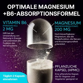 Magnesium Bisglycinate with Vitamin B6 | For Metabolism, Heart, Immune and Nervous System | Daily Vitamin Complex for Women and Men | Non-GMO, Gluten Free, Vegan | 60 Capsules