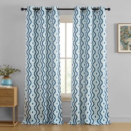 HLC.ME Tanner Blue Patterned Curtains - Geometric Grommet Curtains for Bedroom - Ogee Ikatt Light Reducing Window Panels, Set of 2-37 W x 84 L