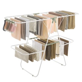 SONGMICS Clothes Drying Rack, Foldable 2-Level Laundry Drying Rack, Free-Standing Laundry Airer, with Height-Adjustable Wings, 33 Drying Rails, Sock Clips, White and Green ULLR053C01V1