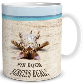 TRIOSK Tasse Katze lustig mit Spruch Scheiss Egal Katzenmotiv Geschenk für Katzenliebhaber Arbeit Büro Frauen Freundin Kollegin, Keramik 300ml
