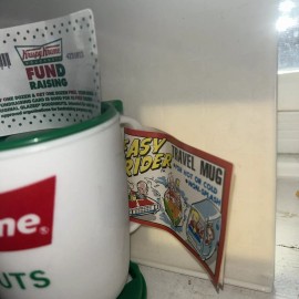 Whirly Vintage Krispy Kreme travel mug with fundraising card NEW Read Below RARE 1980’s