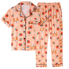 Vopmocld Girls 2PCS Pajama Sets Button Down Short Sleeve Long Pants Sleepwear Cute Patterns Lounge Outfit Sest for Teens Stretchy Jammies, Corgi, 10