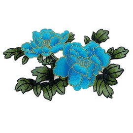 Peony Flowers with Dark Green Leaves Embroidered Appliques Sew Iron on Patches-Blue