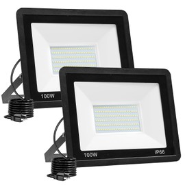 QIYEKA 2 Pack 100W LED Flood Light Outdoor,10000LM Work Spotlight with US Plug,6000K Daylight White,IP66 Waterproof Exterior Security Floodlights for Yard,Garden,Backyard,Patio,Stadium,Parking Lot