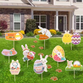 Easter Egg Hunt Signs -9 Pack Easter Hunting Arrows Kit for Kids with Sticks and 20pcs Bunny Footprints for Easter Garden Decoration,Easter Party Game Supply