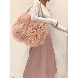 ME-01 Big Fluffy Fur Handbag With Real Mongolian Lamb Fur Long Curly Hair And Long Exchangeable Silver Chain Luxury Shoulder Bag Furry Clutch For Women(One Size, Rubber Powder)