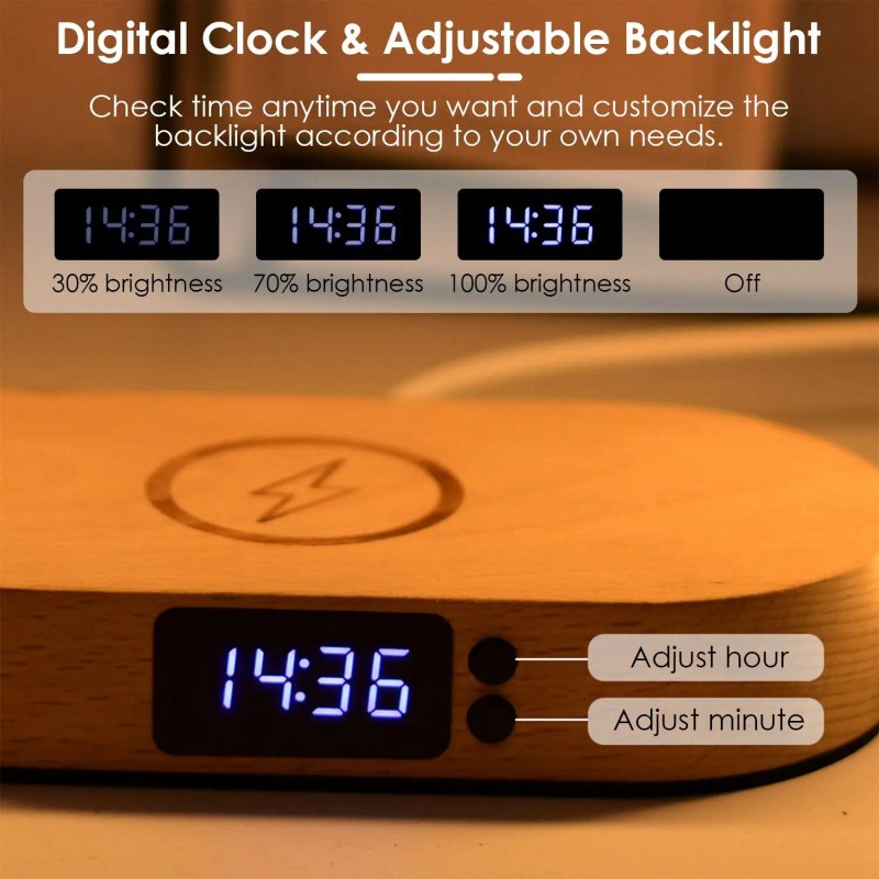 Touch Control LED Desk Lamp with Clock Wireless Charging Dimmable