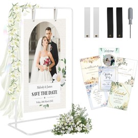 RARTOP Elegant White Wedding Easel Stand, Adjustable 30x20x68 in Welcome To Our Wedding Sign Display Stand with 39 Premium Templates&Leather Straps, Sturdy Display for Wedding, Birthday, Anniversary