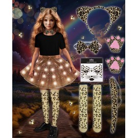 COYBTO Leopard Costume for Girls, Light Up Leopard Dress Up Set with LED Tutu Skirt, Leopard Ears, Face Stickers, Bow Tie, Tail, Socks, Christmas Carnival Birthday Party Cosplay