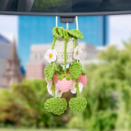 FYSUIMU Crochet Hanging Plant for Car Cute Pink Strawberry Daisy Car Interior Decor Handmade Greenery Rearview Mirror Hanger Ornaments for Women Aesthetic Cars Accessories