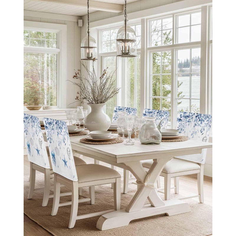 Anzona Blue Coastal Chair Back Covers for Dining Room, Eucalyptus