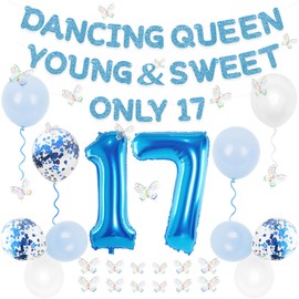 Holkcog 17th Birthday Decorations For Girl, Blue 17 Year Old Party Decor, Blue 17 Dancing Queen Party Backdrop Banner, 17th Birthday Balloons、 Butterfly Hang Banner, Girl 17 Supplies
