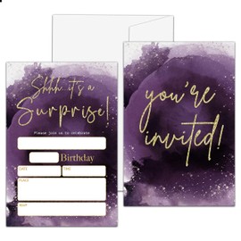 Shhh It's a Surprise Birthday Party Invitation, Purple Gold Themed Fill-In Invites for Teens, 20 Invitations With Envelopes, Surprise Party Favors Decorations and Supplies -67