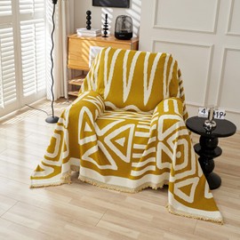 STACYPIK Thick Mustard Yellow Boho Sofa Covers Breathable Chair Couch Covers for 1 Cushion Couch Sofa Pet Friendly Pet Protector Cover Soft Chenille Jacquard Couch Cover for Sectional Washable-71X71IN