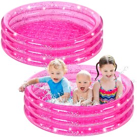 Arrowbash 2 Pack 35.4 Inch Inflatable Swimming Pool Round 3 Rings Plastic Blow up Pool with Silver Glitter and Cushioned Bottom for Backyard Garden, Pink