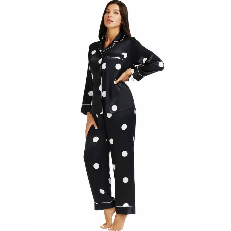 LONXU Womens Satin Pajamas Set Classical Black 2XL