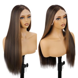SUKRI 26 Inch Dark Brown Lace Front Wig T-part Lace Straight Synthetic Wigs for Women Highlight Brown Lace Wig Pre Plucked Lace Front Wigs for Daily