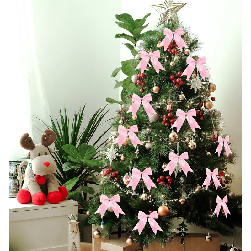 30 Pcs Pink Satin Ribbon Bows, Christmas Tree Bows Wreath