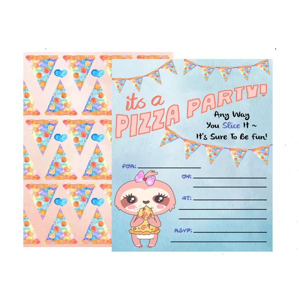 Sloth Trendy Themed Pizza Party Supply Invitation Watercolor (12 included) with Envelopes
