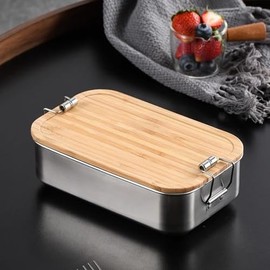 TAMUME 304 Stainless Steel Bento Box with Bamboo Lid and Double-latch Design