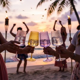 WeirdUncle Hand Blown Ribbed Wine Glasses with stem, Lead-Free Crystal Glasses, Luxury Gift, Set of 4, Unique, 18oz Premium Wine Goblet, Large capacity, Fluted Design (Summer Colored)