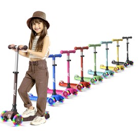 Lifemaster Mini 3-Wheel Kids Scooter with Multi-Color Wheel Lights – 4-Height Adjustable Handlebar, Wide Anti-Slip Deck, Child Safety Certified, Boys & Girls Ages 2+ Supports Up to 110 lbs, Brown