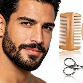 Set 3 Pz Cuidado Barba y Bigote Hombres , Cepillo Cerdas de Jabalí Base Madera Sólida, Peine Madera Doble Cara y Tijeras