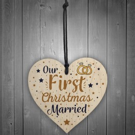 RED OCEAN First Christmas Married Wooden Xmas Tree Decoration Heart Bauble Gift Mr & Mrs Husband Wife