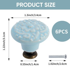 6 Pcs Ceramic Drawer Knobs, 31x34mm Vintage Pattern Ball Shape Pull Handles with Mounting Screws, Lovely Door Pull Knob for Home Dresser Cupboard Wardrobe Handles (Sky Blue)